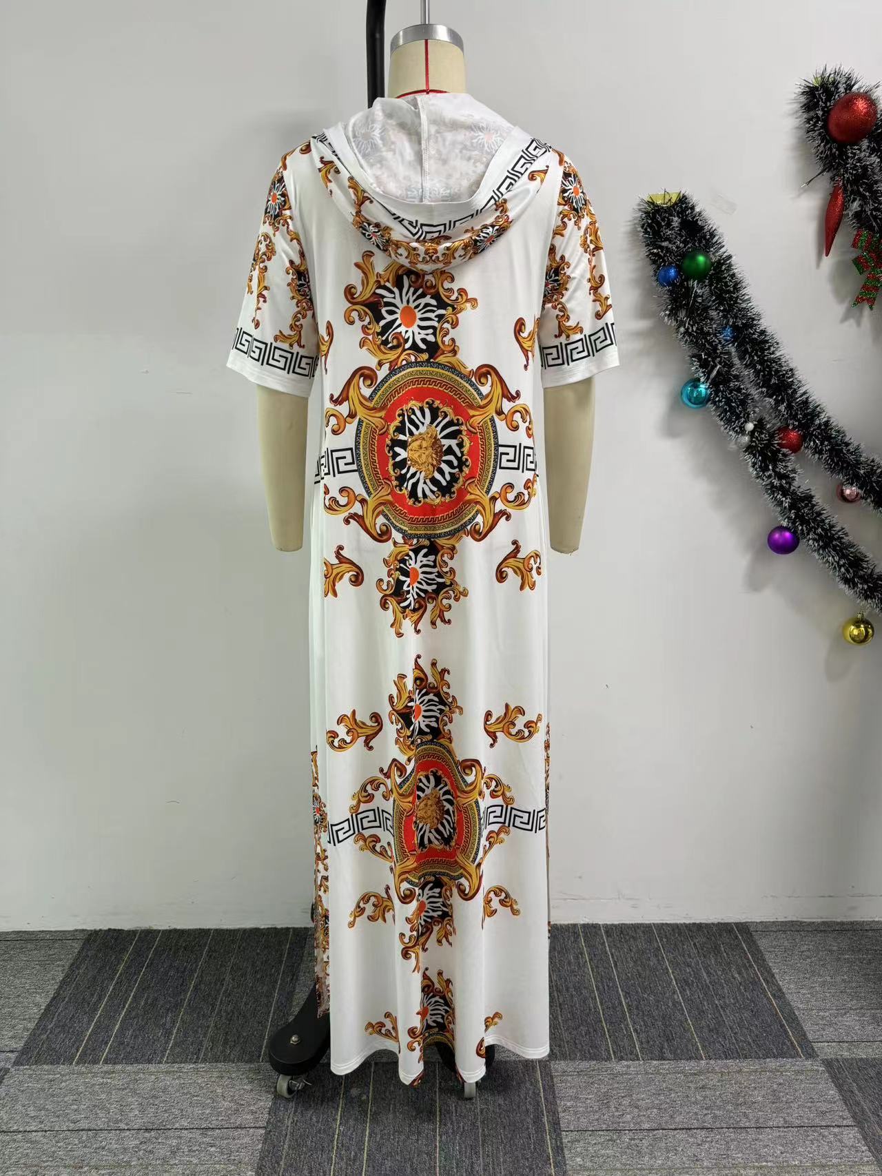 African Printed Hooded Short-Sleeved Split Loose Long Dress 6