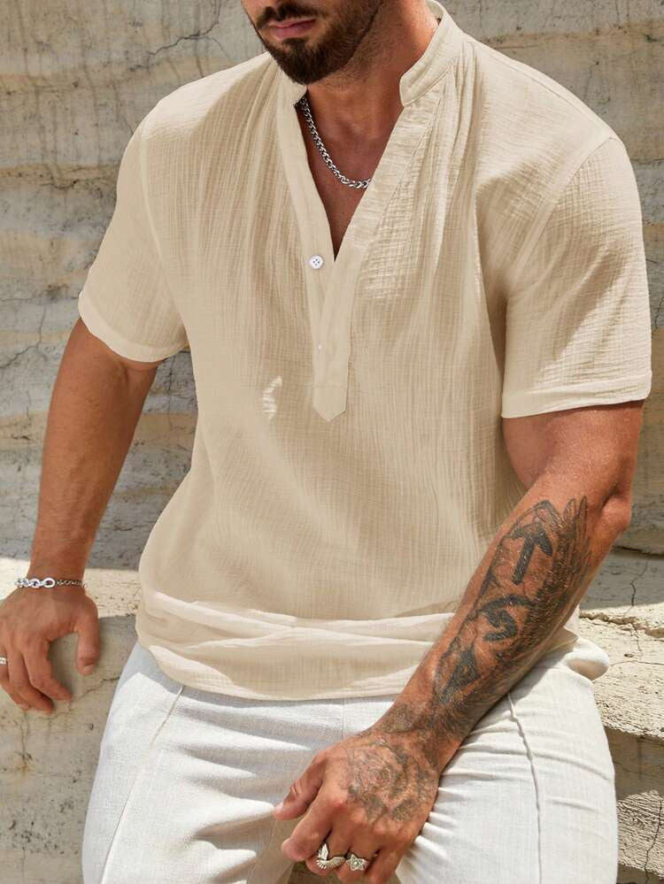 Men's Solid Stand Collar Short-Sleeve Fashion Shirt 9