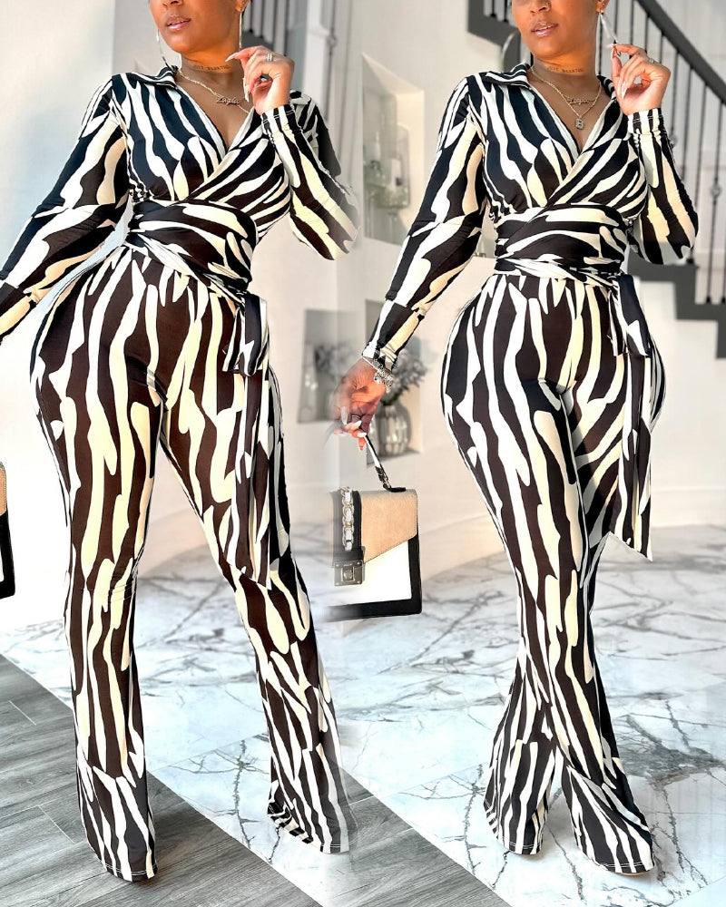 Women's zebra print slim waist  Pants Sets