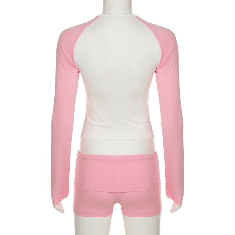 Women’s Activewear Contrast Color Sportswear Long-Sleeve Top Shorts Two Piece Set 11