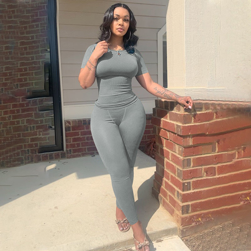 Women Sexy Solid Short Sleeve Top and Pant Two-piece Set 6