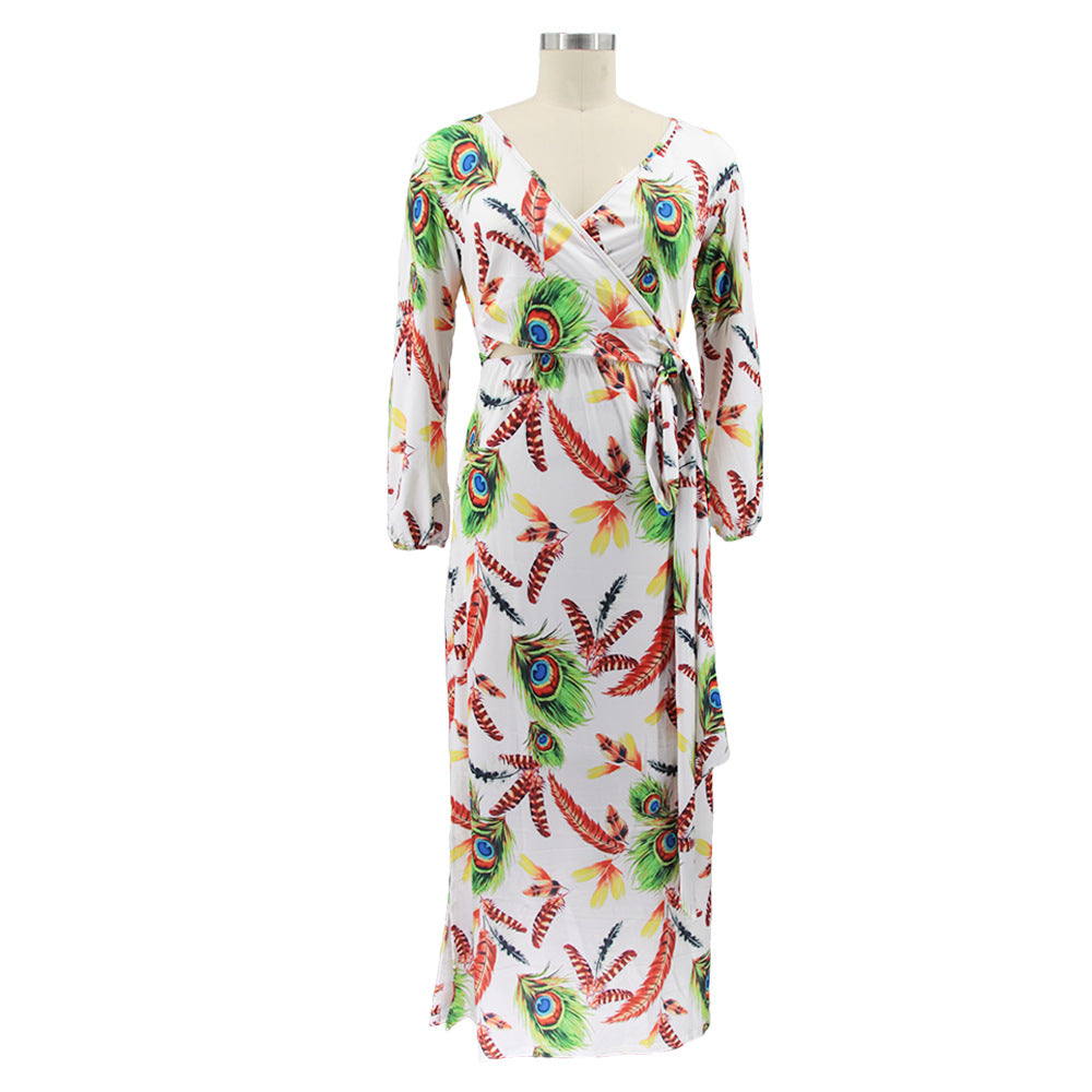 Plus Size Women Feather Print Sexy Slit Dress 16