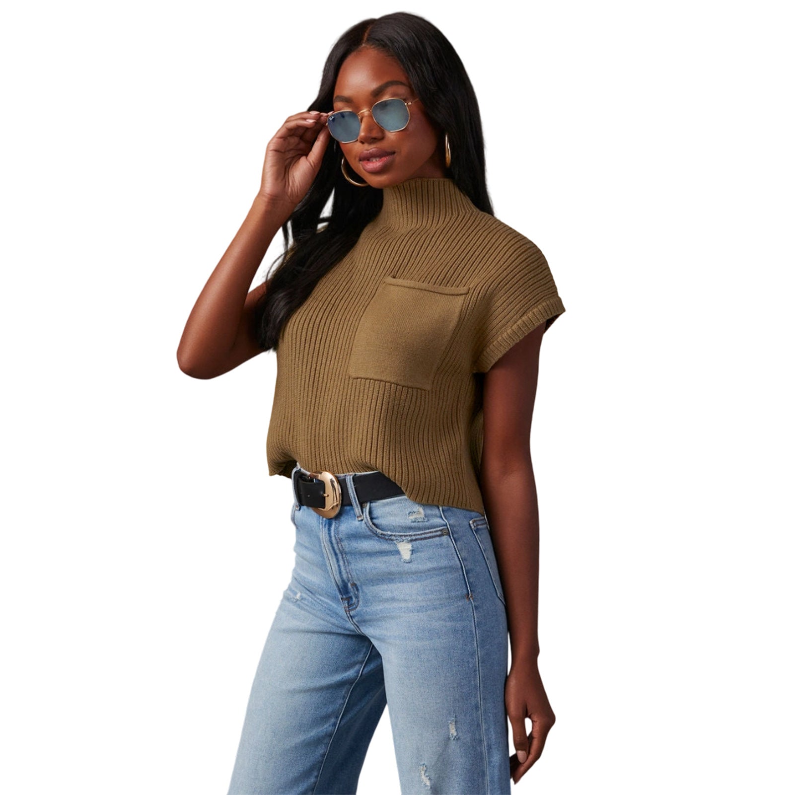 Women's Solid Color Knit Ribbed High-Neck Short Sleeve Top Sweater 9