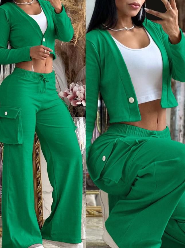 Fashionable casual solid color long sleeve two piece pants set women's clothing 10
