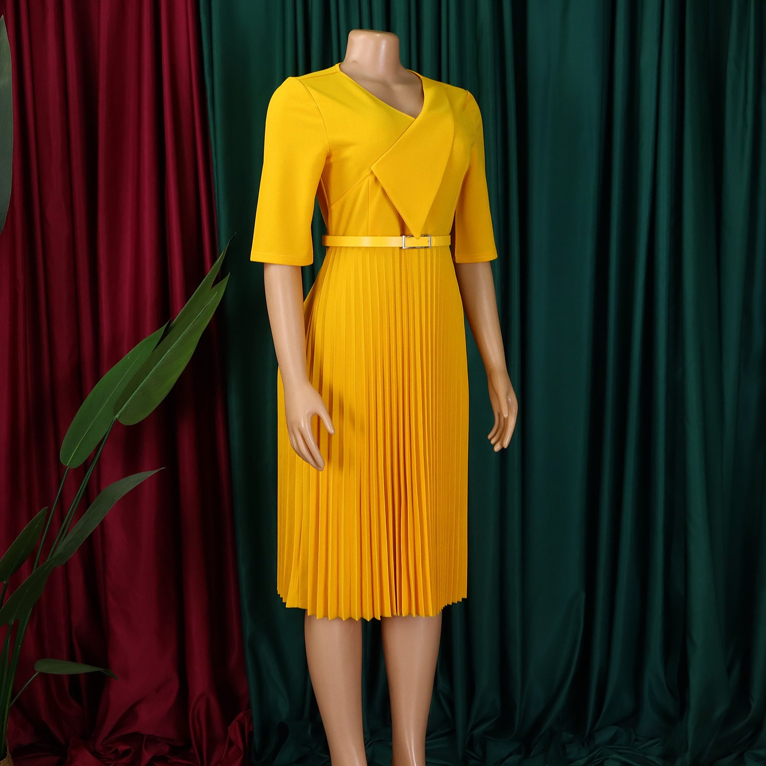 Women's Summer Fashion V-Neck Solid Color Plus Size Pleated African Dress 18