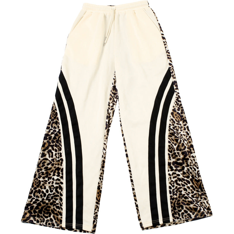 Autumn Style Street Trend Leopard Print Striped Color Block High Waist Loose Sweatpants 11