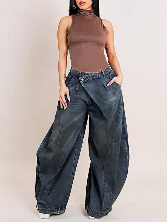 Women Retro Washed Reverse Waist Denim Pants 4