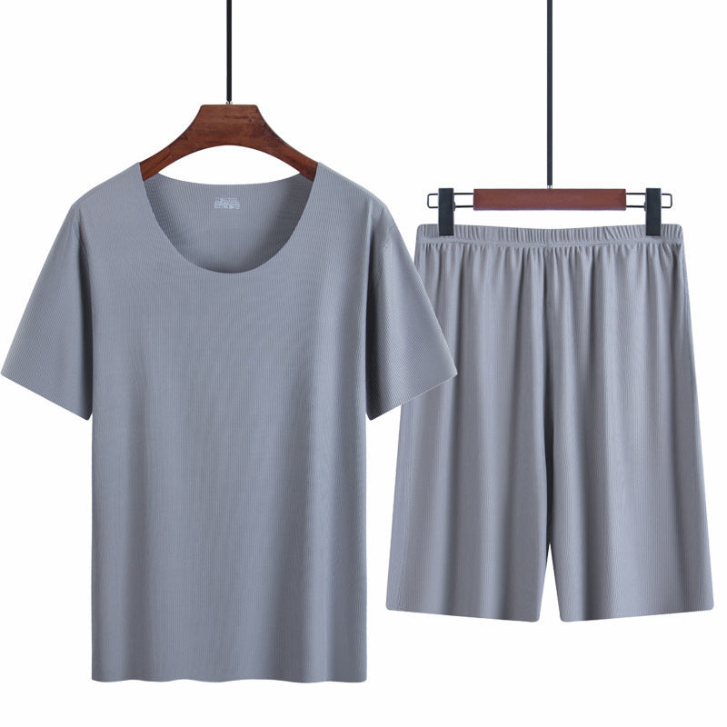 Ice Silk Pajamas Men's Summer Home Clothes Seamless Round Neck Short-Sleeved Men's T-Shirt Shorts Set 5