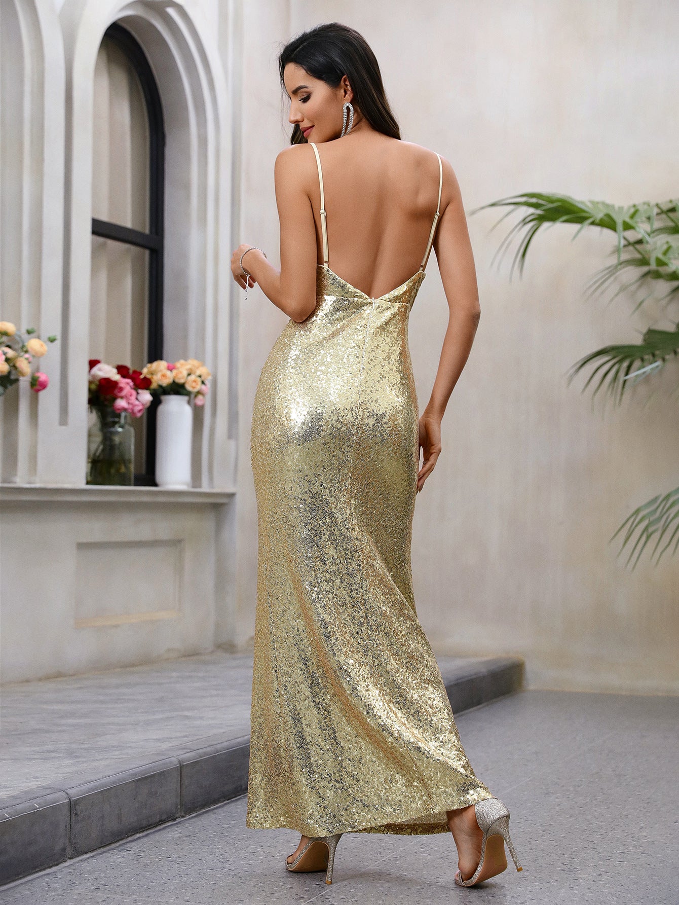 Women's Strap Sequin Low Back Slim Sexy Chic Long Dress 3
