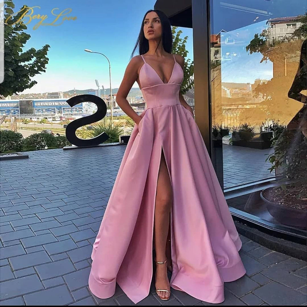 Summer Women's Sexy Slim Strap Dress Deep V Slit Formal Party Evening Dress
