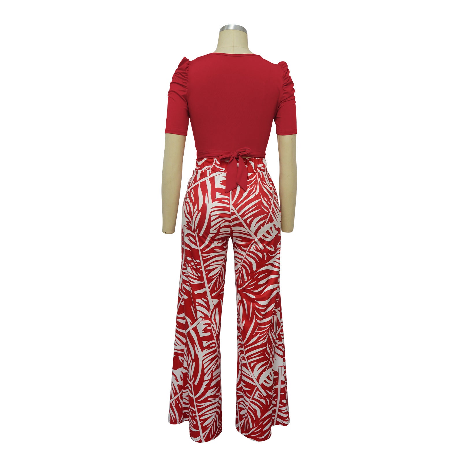 Women's Summer Round Neck Belted Printed Wide Leg Pants Casual Set 16