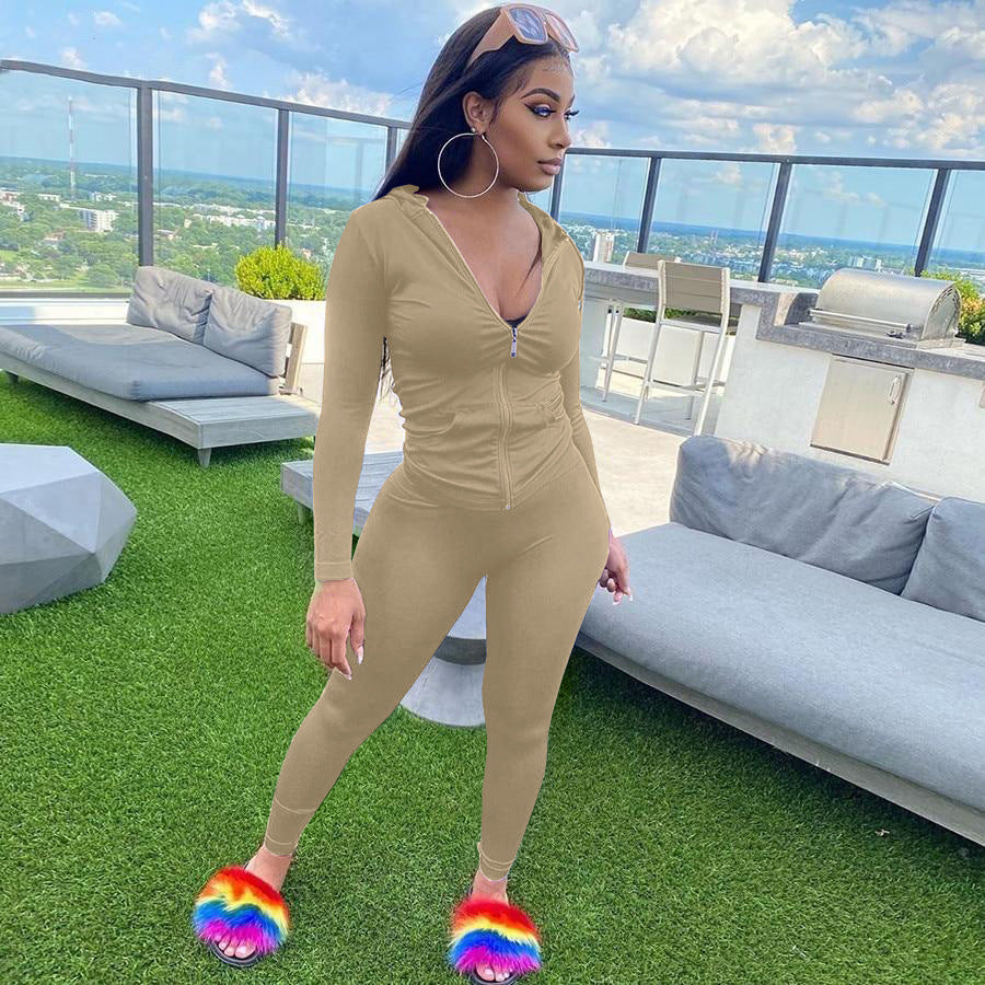 Women Summer Sports Hooded Full Sleeves Solid Pockets Regular Two Piece Pants Set 11