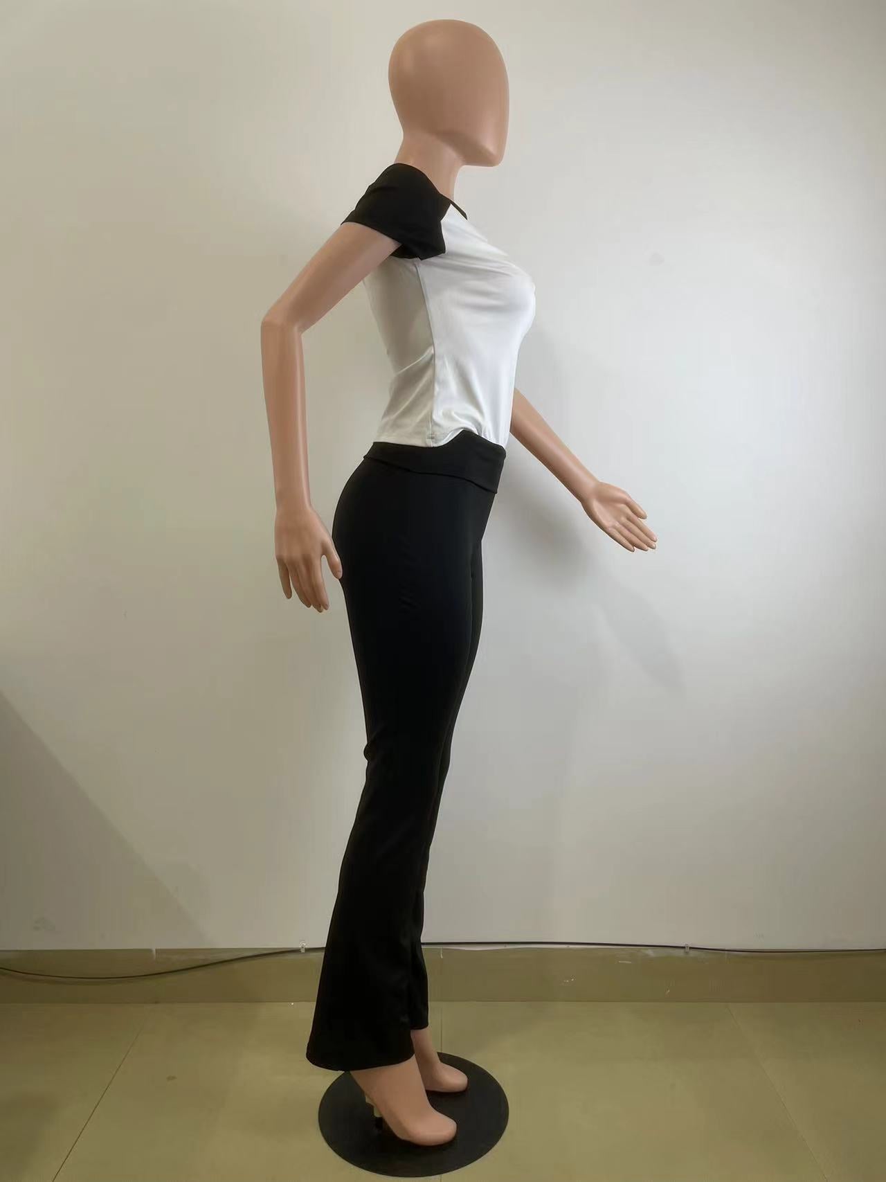 Women's Spring Summer Color Matching Sports Dance Fitness Yoga Short-Sleeved Two-Piece Pants Set 10