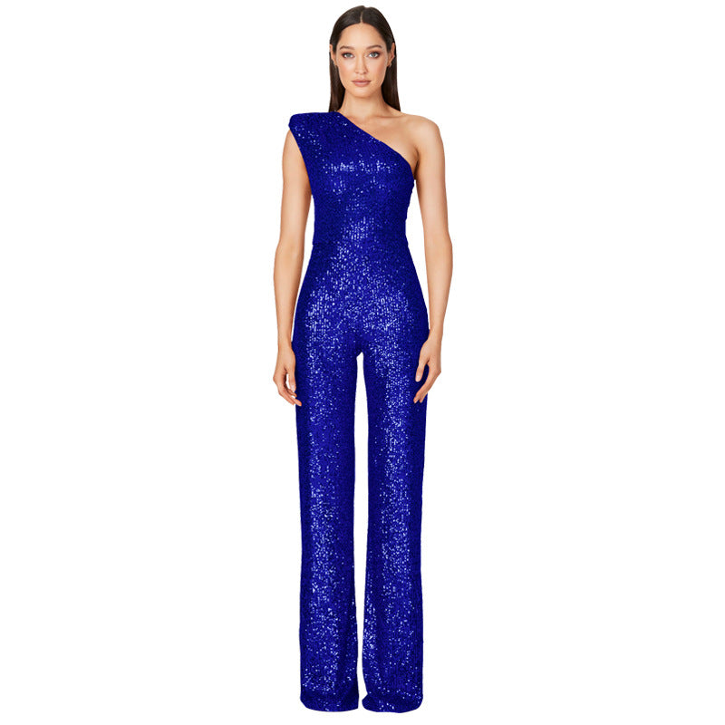 Women's Sleeveless One Shoulder Low Back Sequined Jumpsuit 30