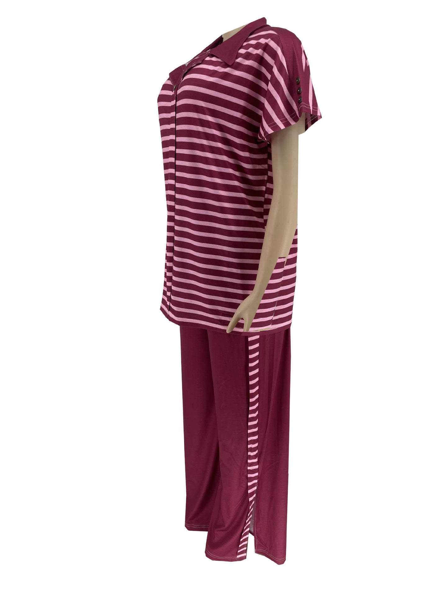 Fashion Casual Summer Short Sleeve Striped Print Two-piece Pants Set 11