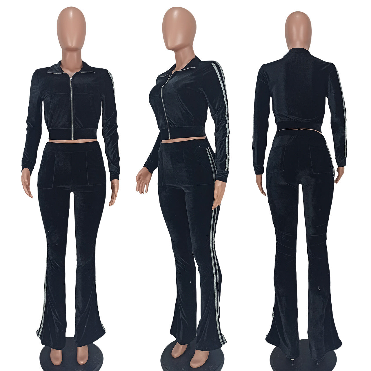 Women's Solid Velvet Casual Zip Top Wide Leg Pants Two Piece Tracksuit 63