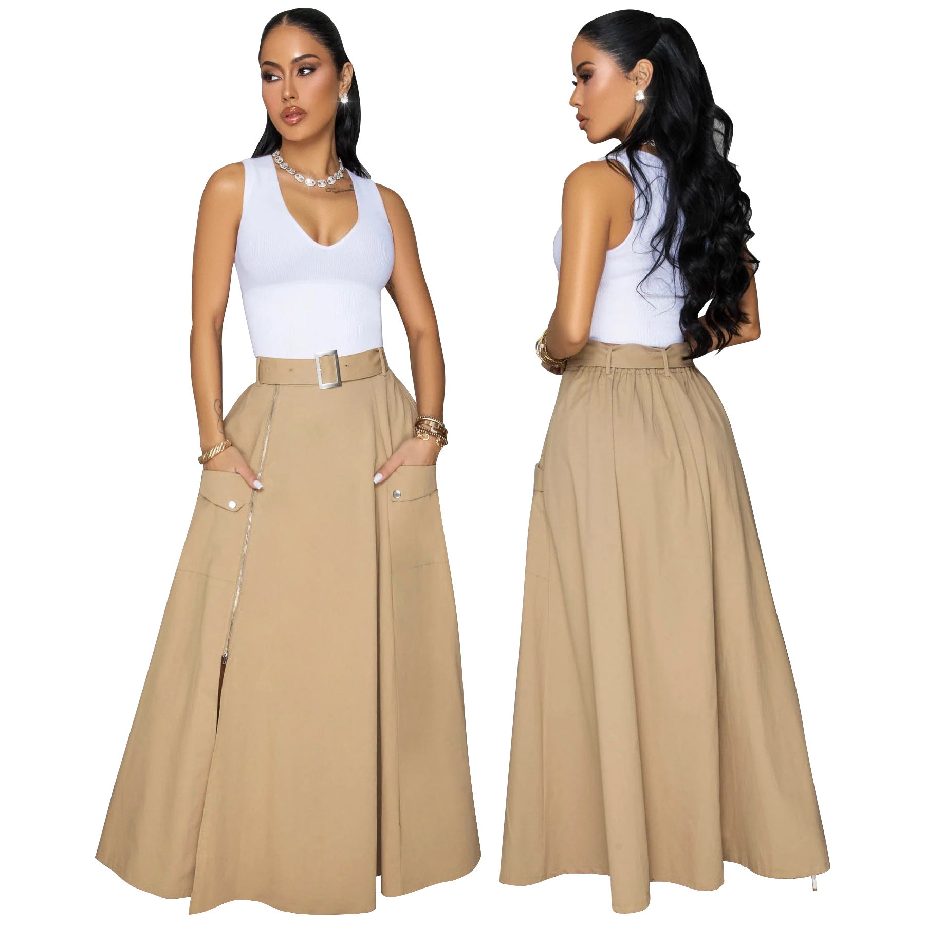 Women Solid Zipper Slit Skirt with Belt 3