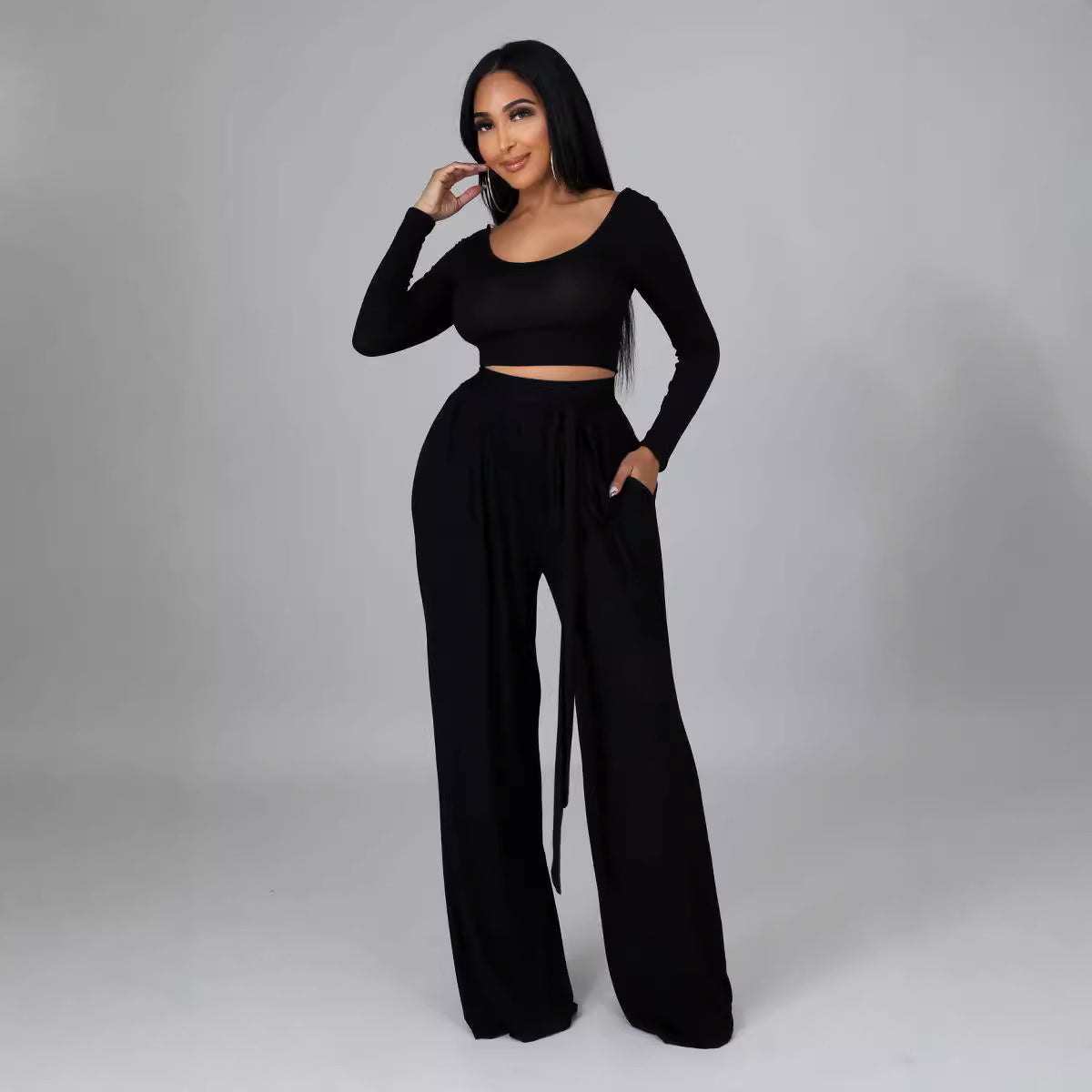 Fashion Solid Color Casual Round Neck Long-Sleeved Top Wide-Leg Trousers Two Piece Set 6