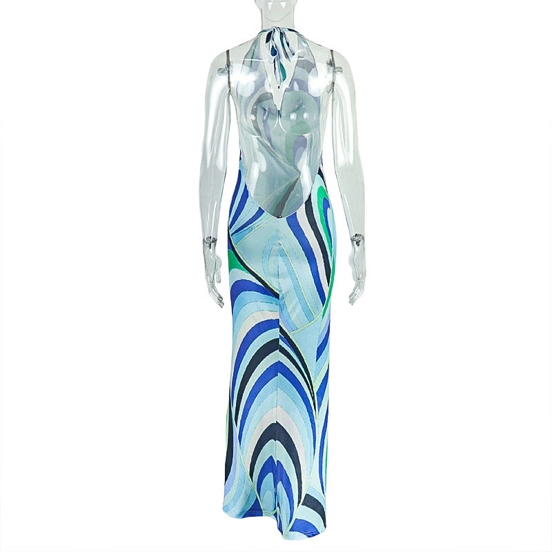 Women Patchwork Backless Halter Neck Printed Swing Neck Pleated Bodycon Dress 5