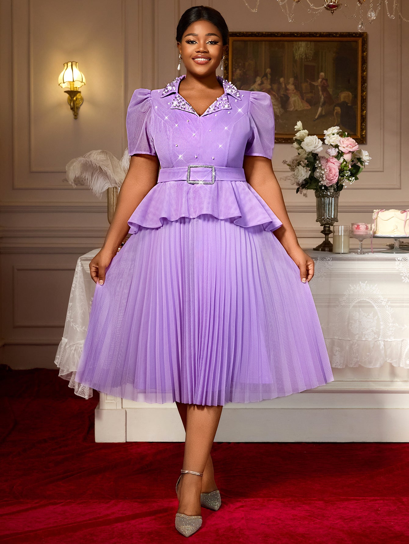 Plus-Size Women Turndown Collar Beaded Ruffle Dress 6