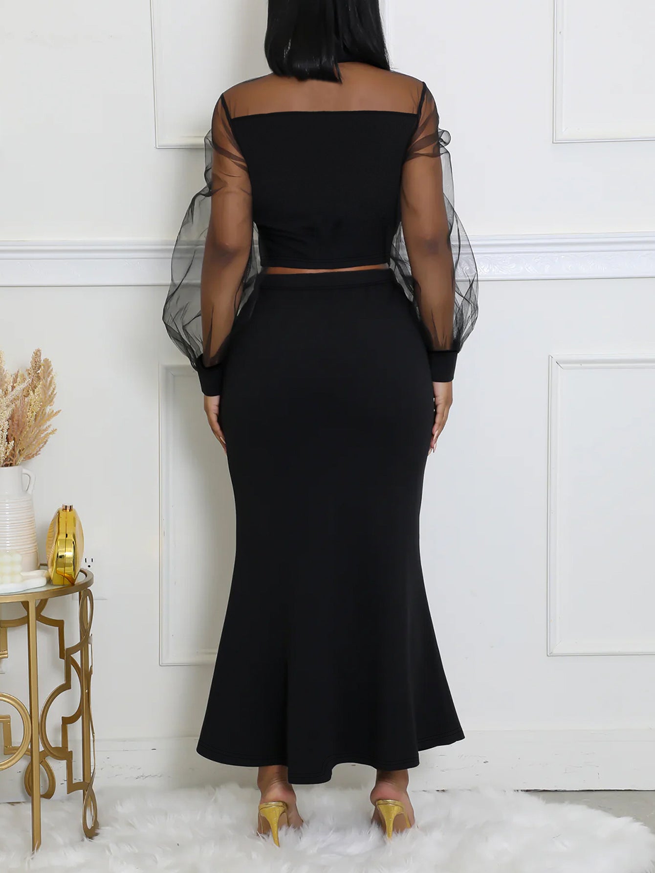 Women Elegant Mesh Patchwork Top And Long Skirt Two-piece Set 5