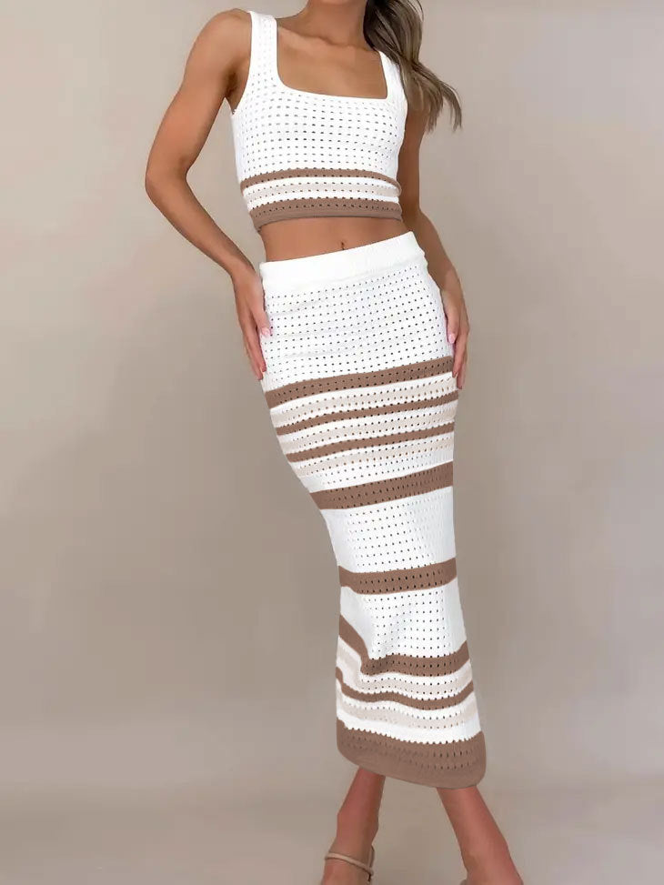 Women Contrast Color Striped Tank Top and Skirt Two-piece Set 5