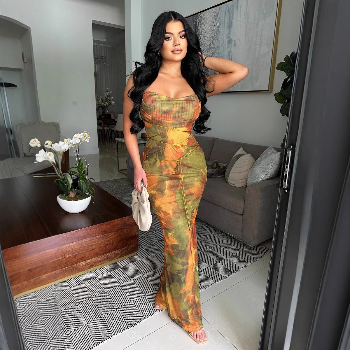 Women Sexy Double Tie-Dye Printed Backless Strap Dress