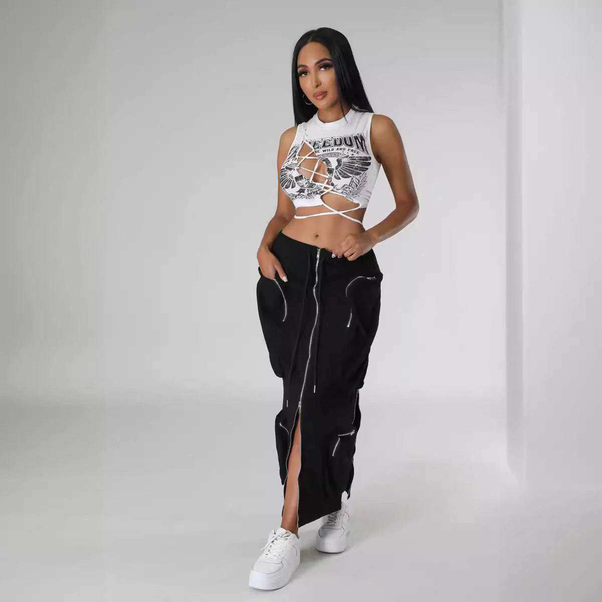 Plus Size Women Waist Cord Zipper Cargo Skirt 3