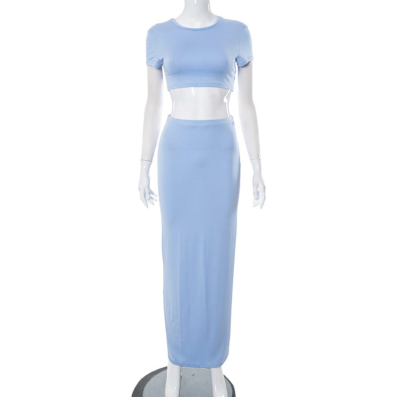 Women's Spring Solid Short Sleeve Crop Two Piece Skirt Set 16