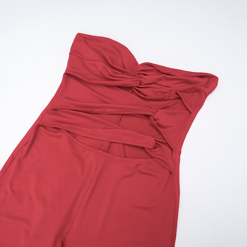 Women's Autumn Solid Color Strapless Sleeveless Hollow-Out Low Back Knot Jumpsuit 11