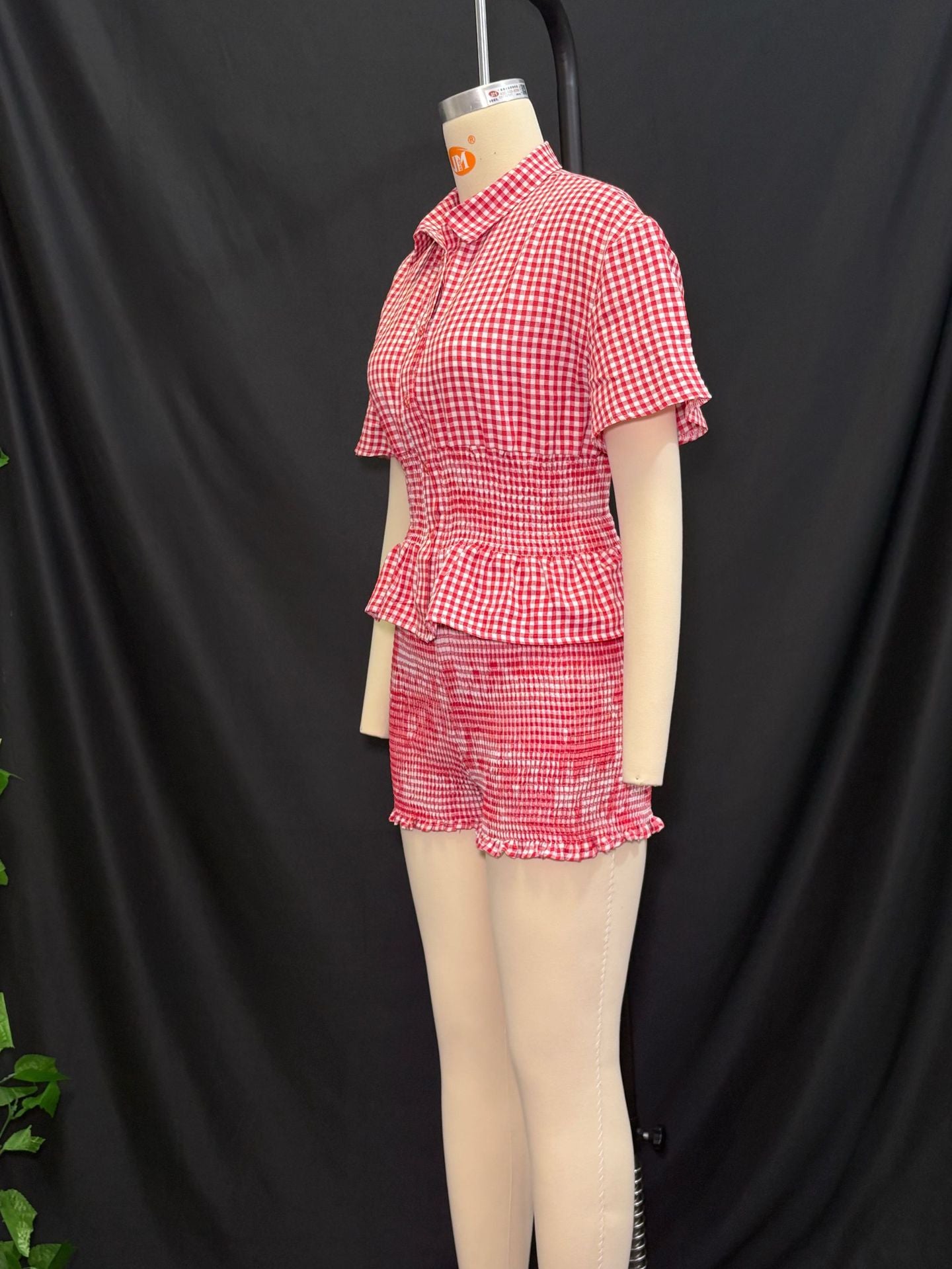 Summer sweet red and white plaid short-sleeved turndown collar shorts set 8