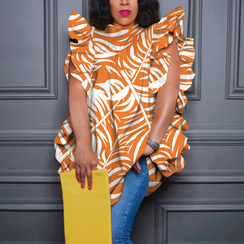 Women's Plus Size print Round Neck ruffle loose shirt top 5