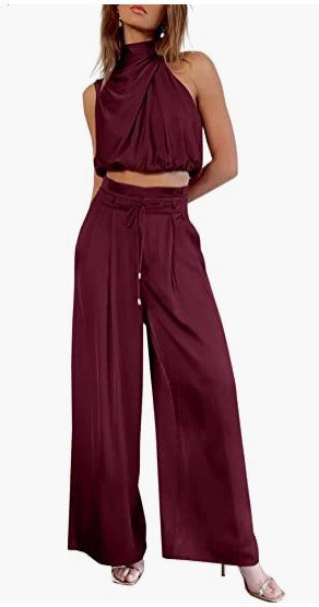Women Summer Casual Sleeveless Crop Top Wide-leg Pants Two Piece Set 9