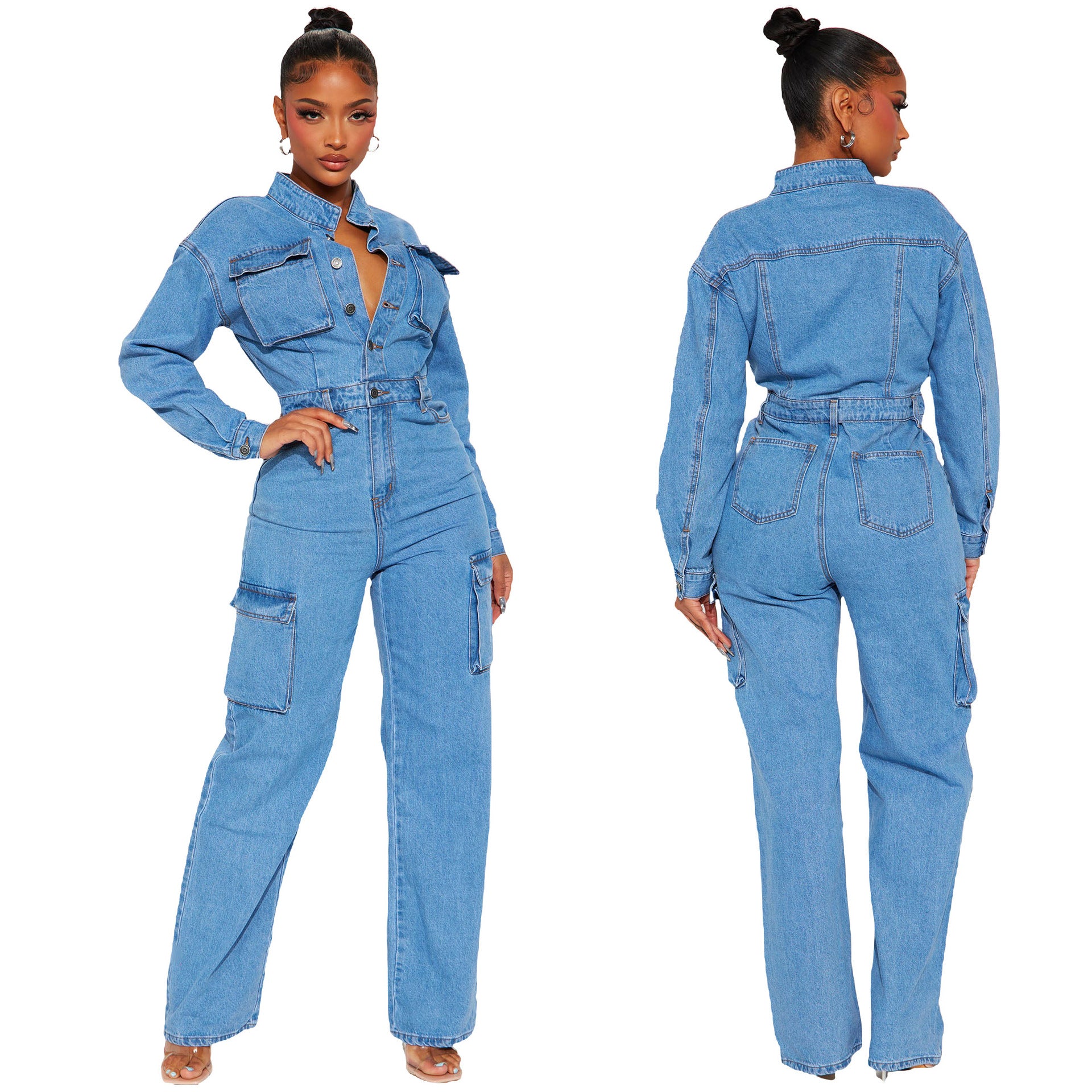 Spring Long Sleeve Pocket Washed Denim Cargo Jumpsuit 6