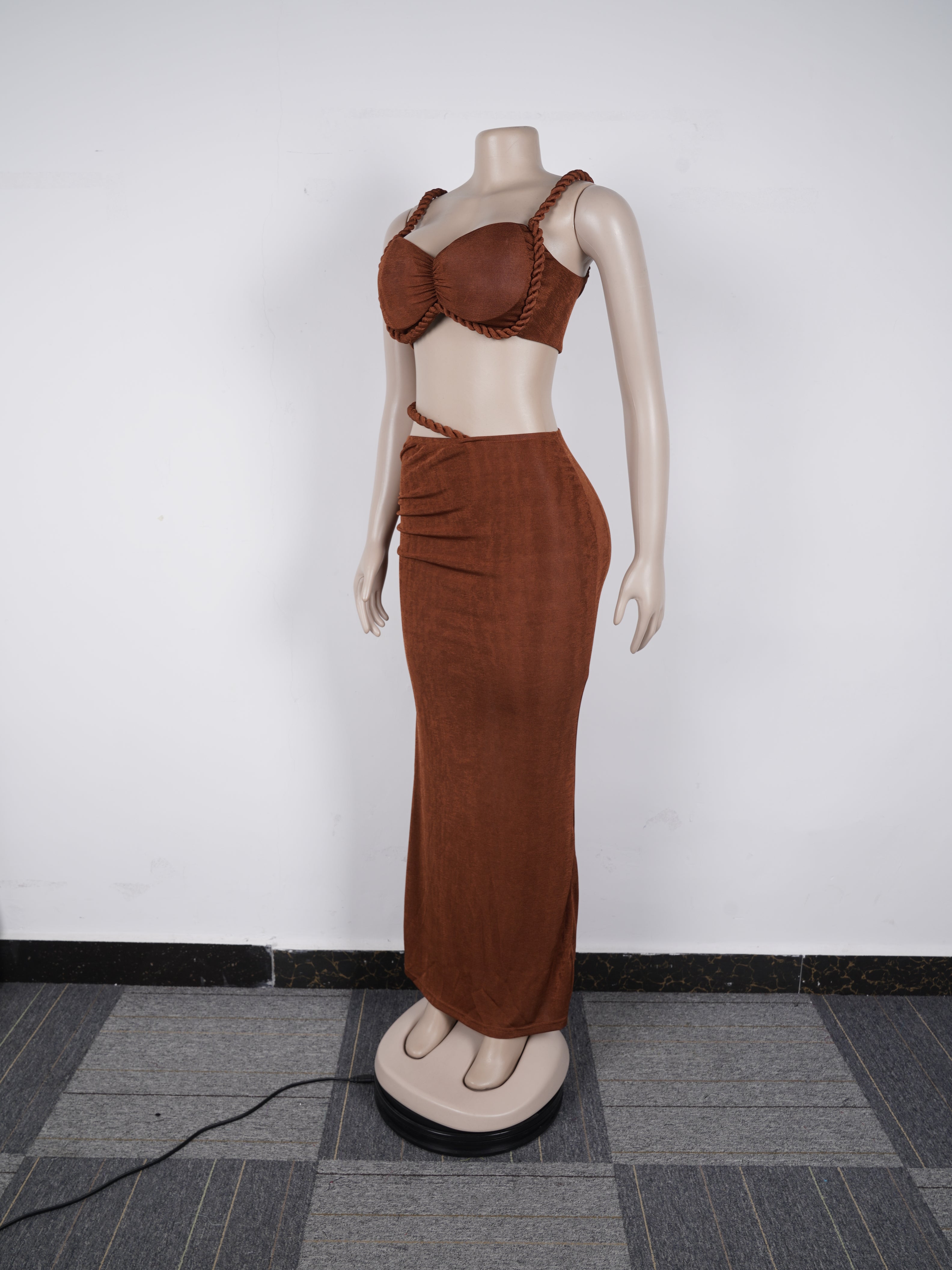 Casual Strap Crop Top High-Waist Hollow Long Skirt Two-Piece Set 12