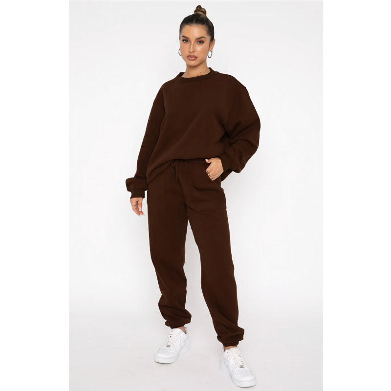 Solid Color Fleece Round Neck Pullover Long Sleeve Hoodies Fashionable Casual Pants Set 8