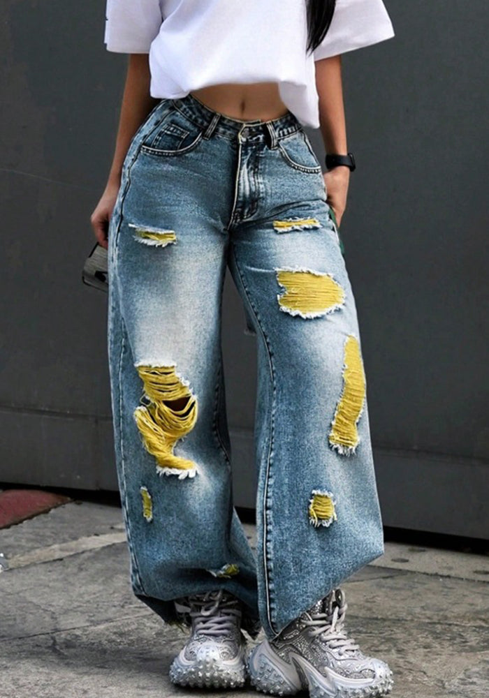 Women's Ripped Loose Color-block Denim Pants