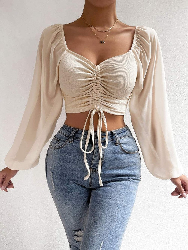 Summer V-Neck Chiffon Drawstring Lantern Sleeves Fashion Sexy Shirt 6