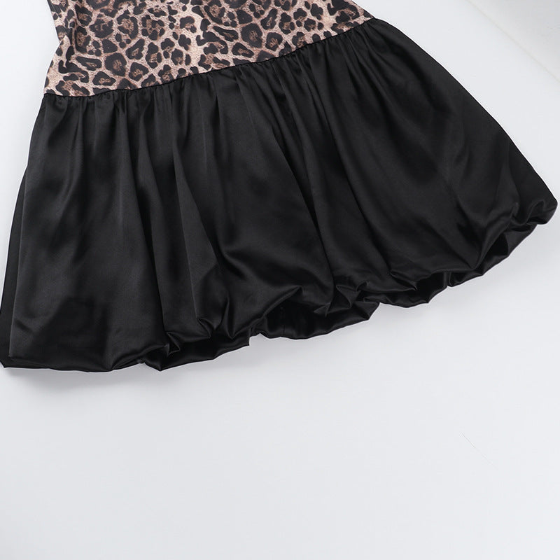 Women's Street Fashion Leopard-Print Patchwork Strap Slim-Waist Bubble Dress 14