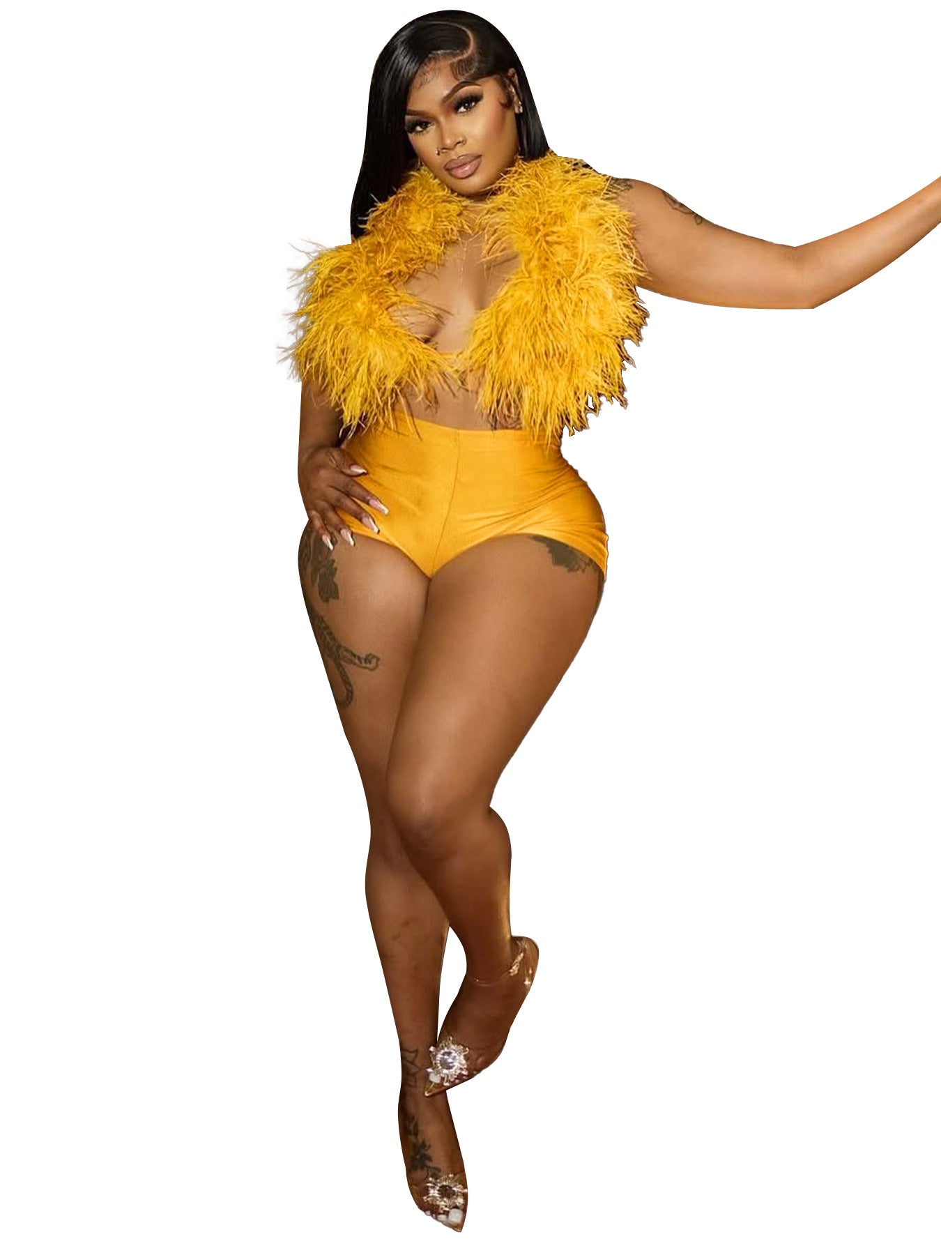 Women sexy nightclub Halter Neck Lace-Up Feather Top and Shorts two-piece set 8