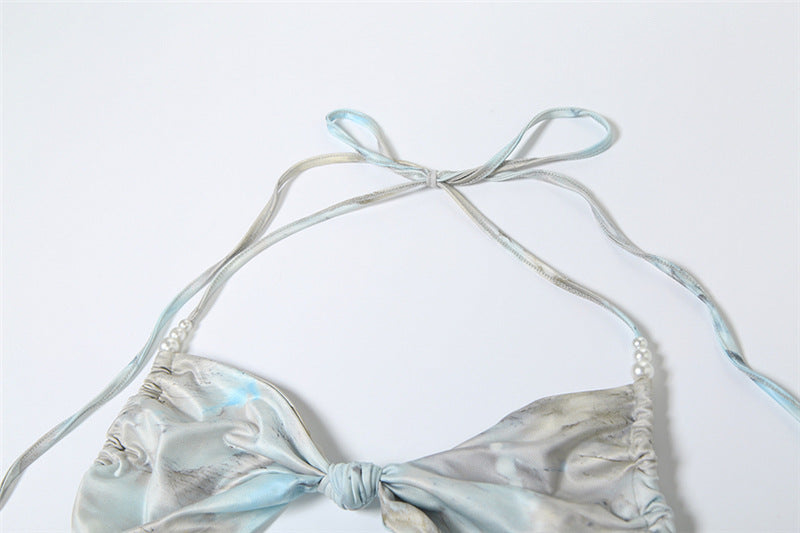 Women's Spring Halter Neck Tie Beaded Chain Slim Low Back Sexy Dress 32