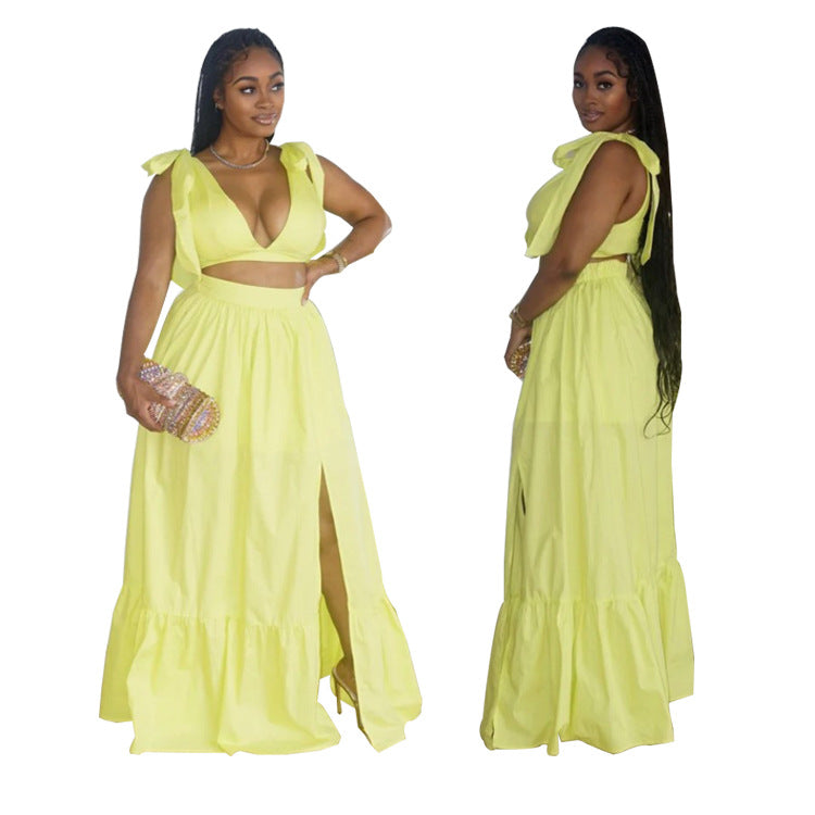 Women's Solid Color V-Neck Lace-Up Tank Top+Slit Long Skirt Two Piece Set 5