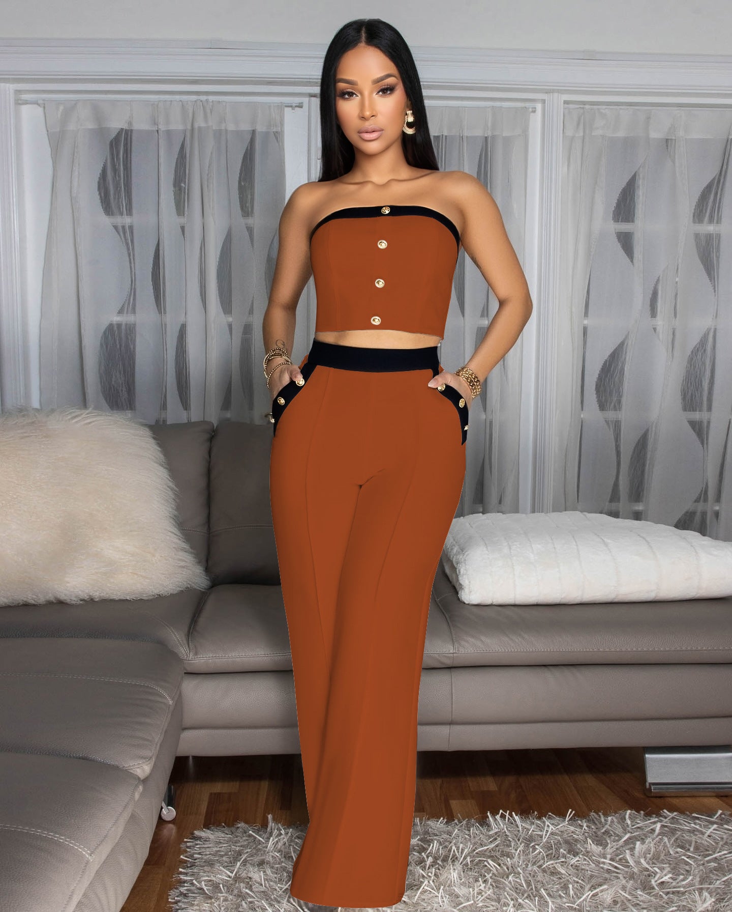 Sexy Color Blocked Decorative Button Straight High Waist Wide Leg Women's Pants Set 10