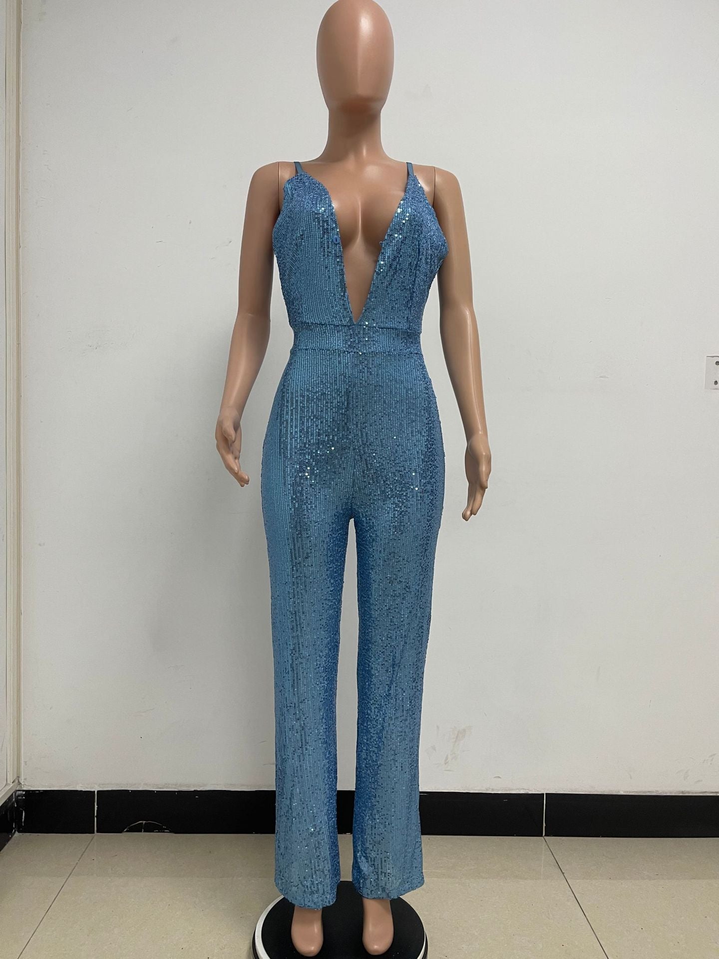 Deep V Neck Low Back Sleeveless Chic Sequined Straps Elegant Women's Party Jumpsuit 105