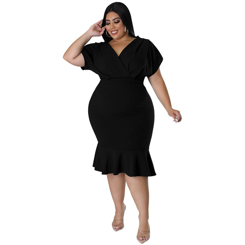 Fashion Plus Size Women's Summer Style V-Neck Solid Bodycon Dress
