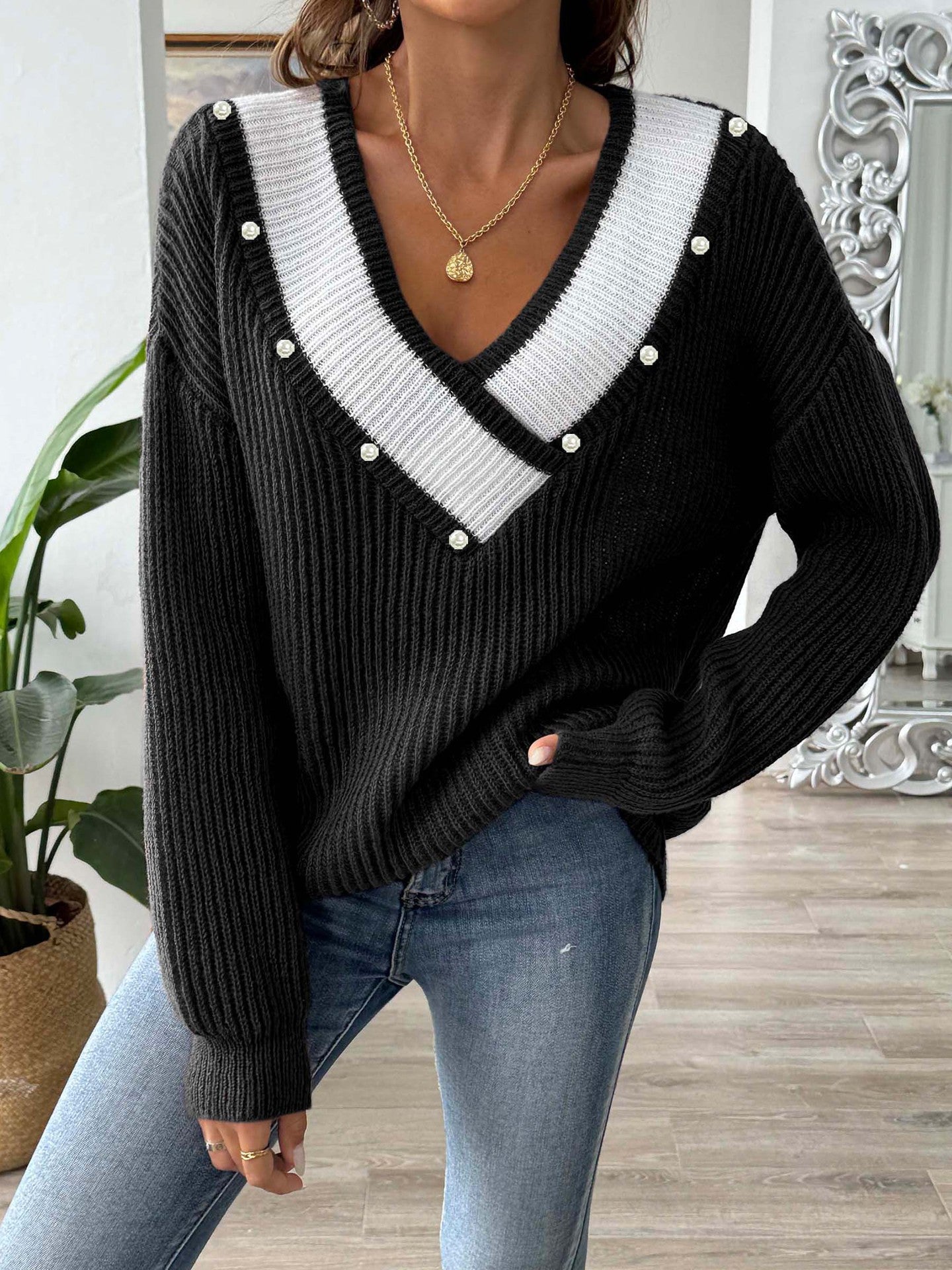 Pearl Beaded Tops Contrast Color Patchwork V-Neck Loose Knitted Pullover Sweater 4