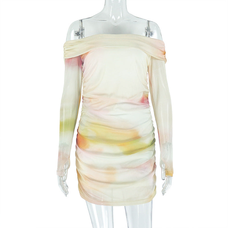 Women Printed Casual Pleated Bodycon Off Shoulder Strapless Dress 7