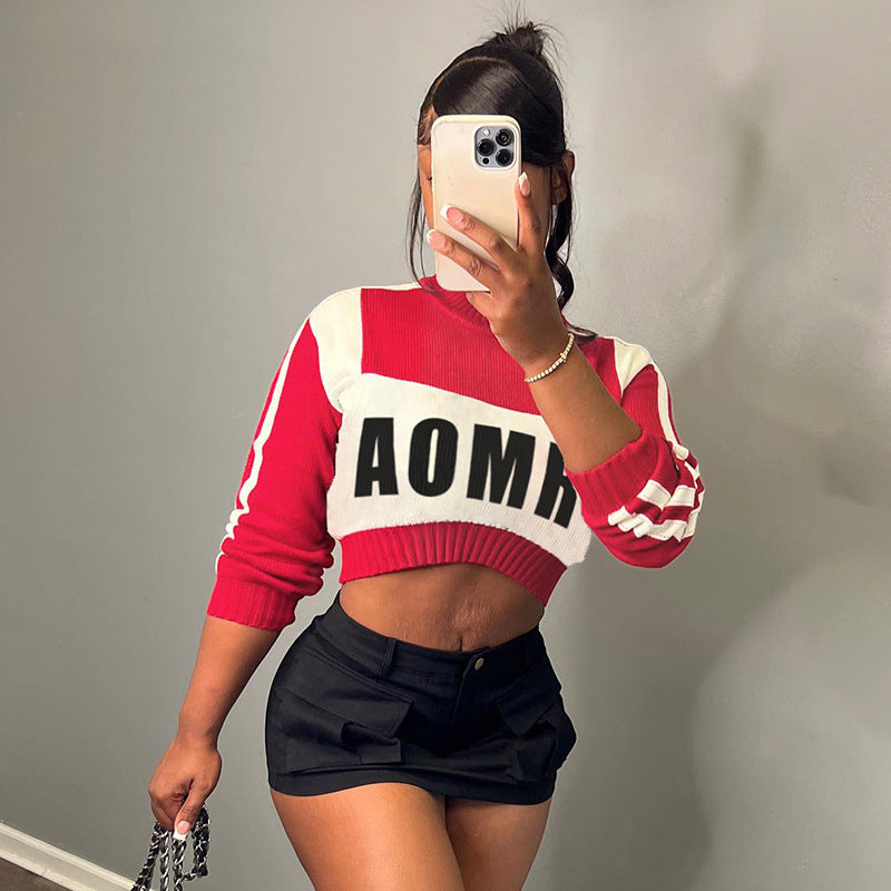 Women Patchwork Contrast Letter Half-High Neck Long Sleeve Crop Sweater 3