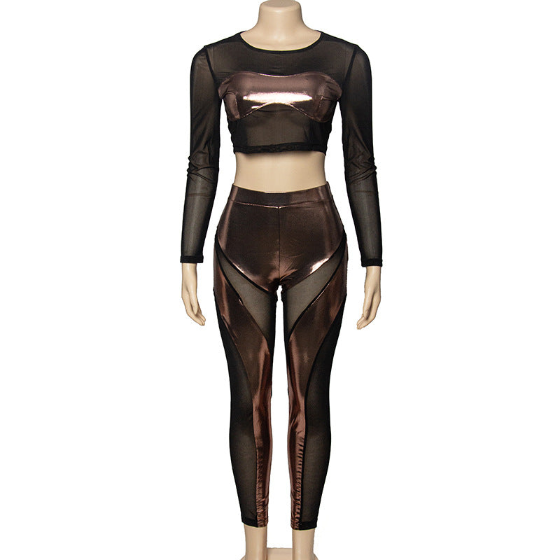 Spring Solid Color Long Sleeve Mesh Patchwork Sexy High Waist Women's Two Piece Pants Set 6