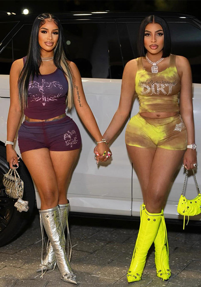 Women’s Spring Summer Round Neck Tie Dye Printed Beaded Sleeveless Two Piece Shorts Set